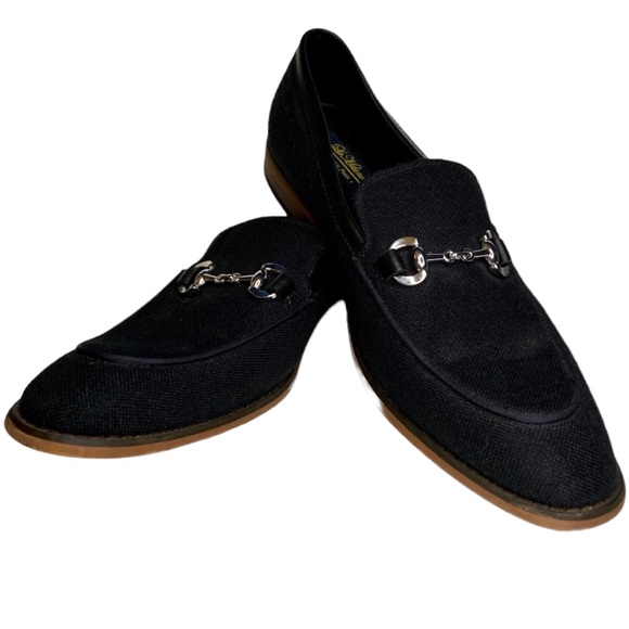 La Milano Black Leather Linen Silver Horse Bit Detail Slip On Loafer Size 9.5 - Picture 2 of 11